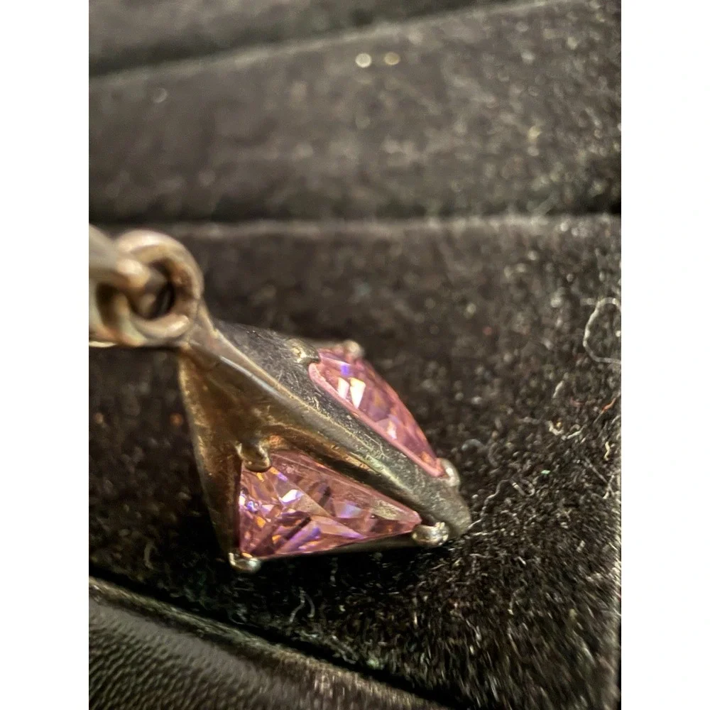 925 Marked HAN Triangle Pendant Pink Stone 3D Sterling Silver